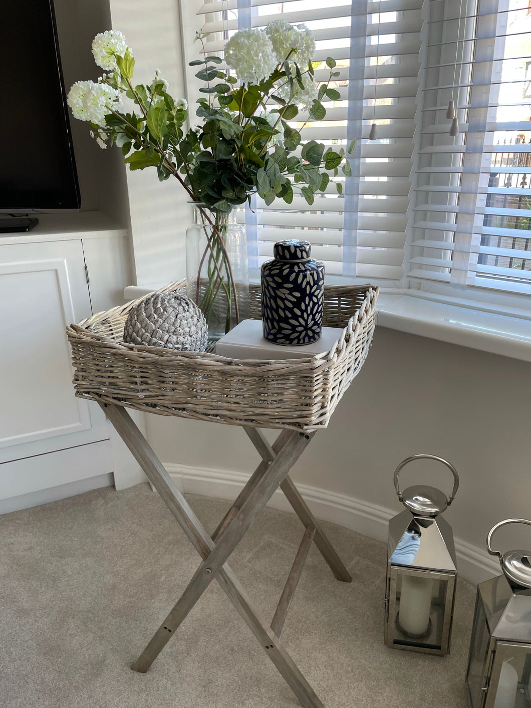 Large Grey Wicker Butler Tray Table